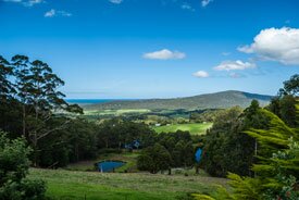 An idyllic scene from Mystique with tree lined valleys, grassy farm paddocks, Mt Hallowell and the Southern Ocean.